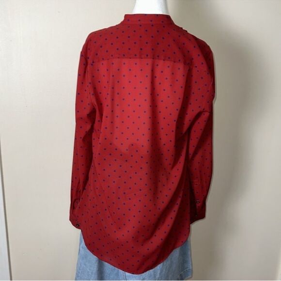 J.Crew M Red Blue Polka Yoke Button Front Long Sleeve Blouse - Picture 2 of 16